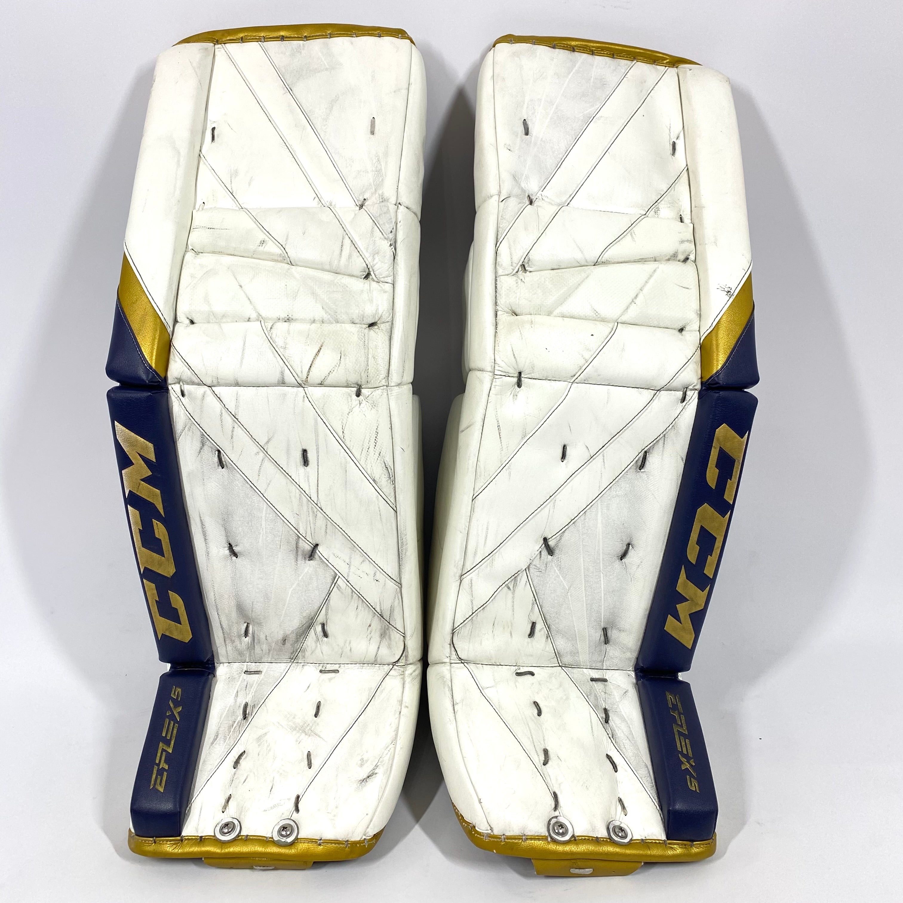 Extreme Flex 5 - Used NCAA Pro Stock Goalie Pads (White/Blue/Gold)